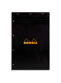 Bloc de bureau 80g Rhodia agrafé en tête, 160 pages perforées, petits carreaux, format 21x31,8cm, noir