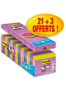 Bloc Post-it Super Sticky jaune format 76x76 mm, lot de 24 blocs de 90 feuilles dont 4 offerts