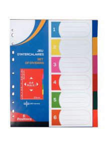 Jeu de 6 intercalaires en polypropylène coloré 12/100ème, format A4+
