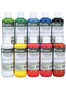 Lot de 10 flacons 250 ml de peinture acrylique O'COLOR, couleurs assorties