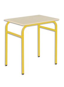 Lot de 4 tables scolaires monoplace, hêtre , piètement jaune  L70xH76xP50cm, taille 6