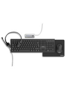 Pack de télétravail 5 en 1 contenant : souris, clavier, hub, tapis de souris et casque