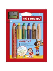 Crayon de couleur multi-talents Woody 3in1, étui de 6 couleurs assorties