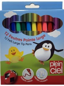 Pochette de 12 feutres lavables, pointe large, couleurs assorties