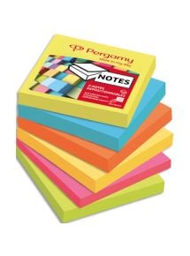 Bloc de 100 feuilles repositionnables accordéon, 7,6x7,6cm, coloris assortis, lot de 6 blocs