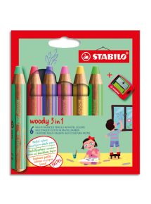 Crayon de couleur multi-talents Woody 3in1, étui de 6 couleurs pastel