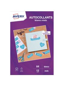 Autocollant blanc mat format 19,9x28,9cm, compatible jet d'encre, sachet de 12 feuilles