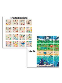 Gommette en fresque, kit de 16 planches sur 4 thèmatiques diffèrentes + 16 planches de gommettes