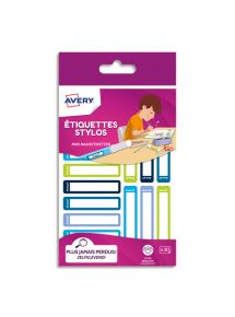 Etiquette stylos ultra-adhésive format 5x1cm, assortis bleu/vert, blister de 30