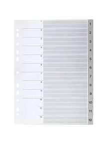 Jeu de 12 intercalaires numériques en polypropylène gris, format A4