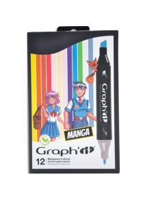 Marqueur à alcool GRAPHIT Manga pour réaliser des mangas, set de 12 couleurs assorties