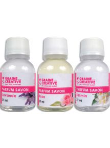 Parfum pour savons de 27ml, lot de 3 parfums :  jasmin, rose et lavande