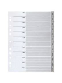 Jeu de 12 intercalaires mensuels en polypropylène gris, format A4