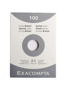 Fiche bristol non perforée, format 14,8x21cm, quadrillée 5x5, blanc,  étui de 100 