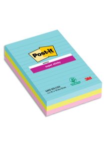 Bloc Post-it Super Sticky Cosmic format 101x152mm, lot de 3 blocs de 90 feuilles lignées, couleur assortie