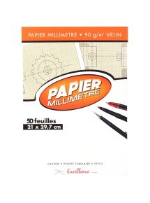 Bloc de 50 feuilles de papier millimétré, 90 g format 21x29,7 cm 