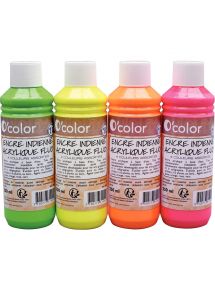 Lot de 4 Flacons 250 ml d'encres indiennes coloris fluo