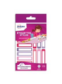 Etiquette stylos ultra-adhésive format 5x1cm, assortis rose/violet, blister de 30