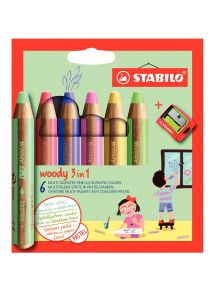 Crayon de couleur multi-talents Woody 3in1, étui de 6 couleurs pastel