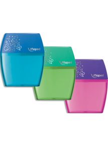 Taille-crayon Shaker 2 trous, coloris vert, bleu, rose