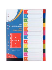 Jeu de 12 intercalaires en polypropylène coloré 12/100ème, format A4