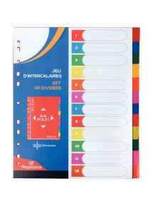 Jeu de 12 intercalaires en polypropylène coloré 12/100ème, format A4+