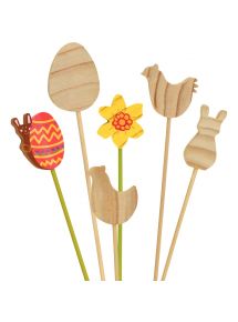 Lot de 12 piques assortis en bois pour Pâques