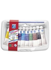 Collège box en plastique de 10 tubes de gouache 10ml. Coloris assortis