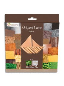 Origami thème nature imprimé 2 faces avec 1 planche de stickers yeux, pochette de 60 feuilles 20x20cm