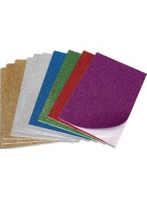 Feuille mousse adhèsive, format 20x30cm, coloris pailletés assortis : or, argent, rouge, vert